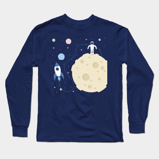 Moon Man Space Suit Rocket Ship Astronaut Lunar Landing Art Long Sleeve T-Shirt by FlashMac